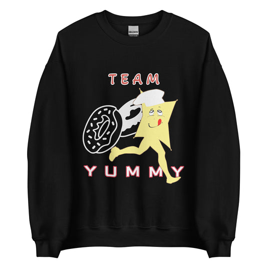 Black sweatshirt with cartoon character Yummy and text 'Team Yummy' on a white background plus donuts