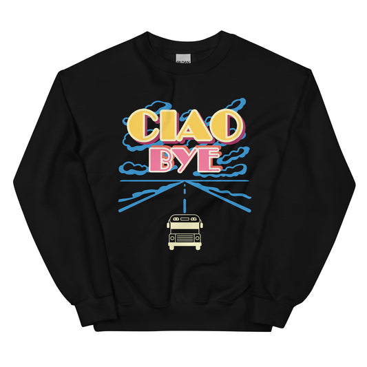 A black crewneck sweatshirt featuring a retro-style graphic print on the front with the text 'CIAO BYE' in yellow and pink, blue clouds, a dashed road, and a small school bus illustration.