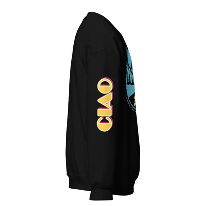 A black crewneck sweatshirt shown from a side profile view, featuring a retro-style yellow and pink 'CIAO' graphic on the sleeve and a blue circular graphic on front.