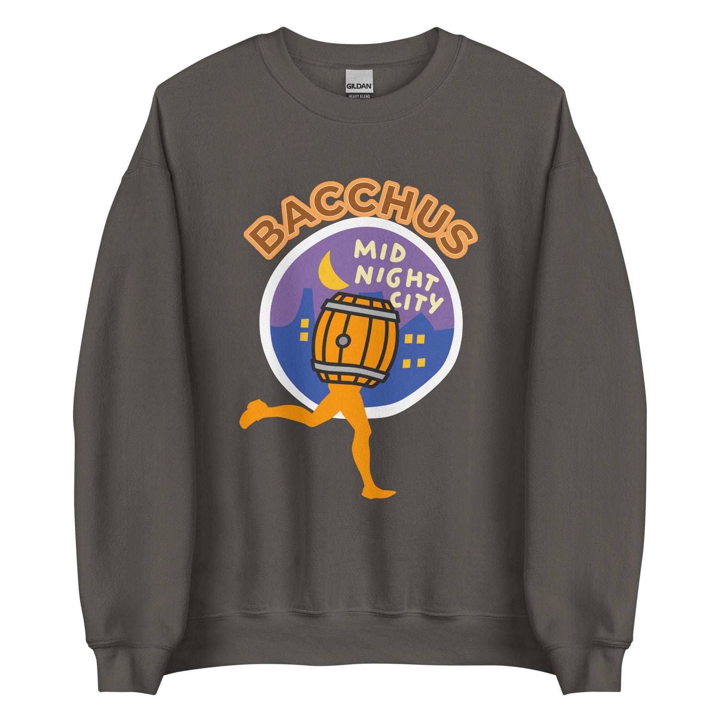 Gray sweatshirt with a colorful graphic design on a white background