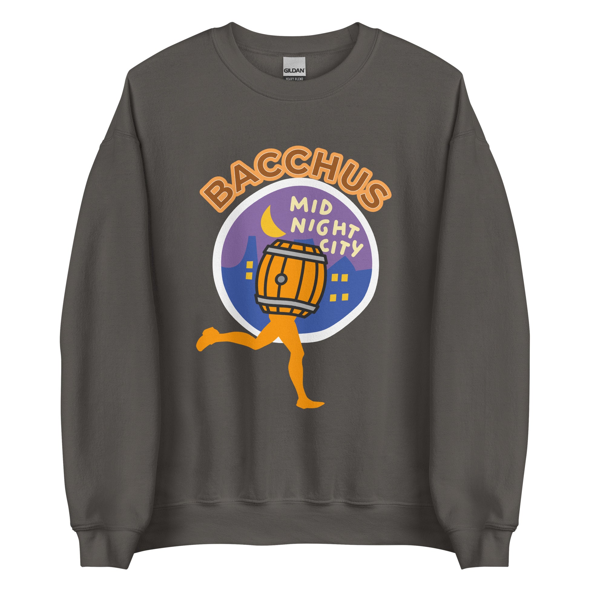 Gray sweatshirt with a colorful graphic design on a white background