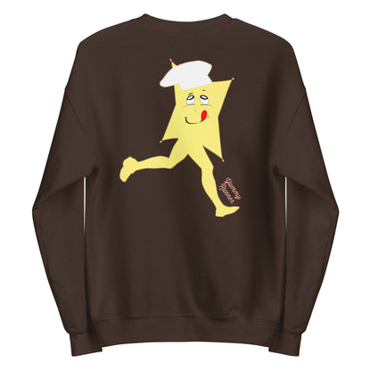 Back view of a chocolate brown sweatshirt featuring a cartoon graphic of a running yellow star character wearing a chef hat and licking its lips, with text 'Yummy Runner'