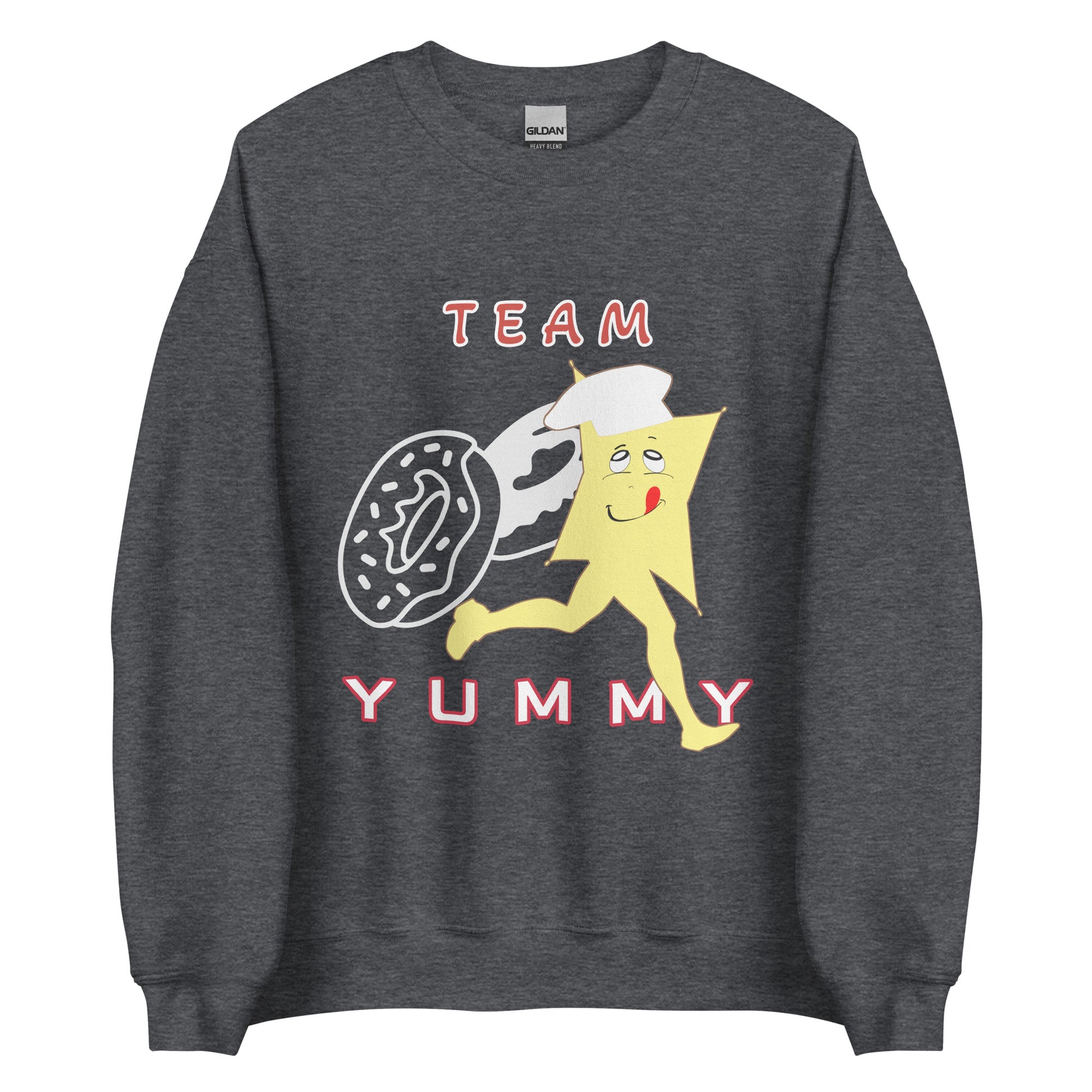 Dark gray funny sweatshirt front design  with the cartoon character of Yummy  and 'Team Yummy' text on a white background