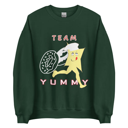 Green sweatshirt with the cartoon character of Yummy Runner and text 'Team Yummy' on a white background. Front design