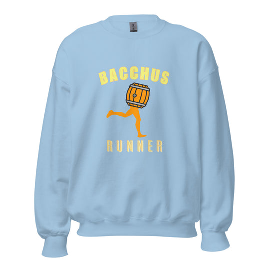 Light blue sweatshirt with 'Bacchus Runner' graphic design on a yellow background and the iconic character of Bacchus Runner in the center