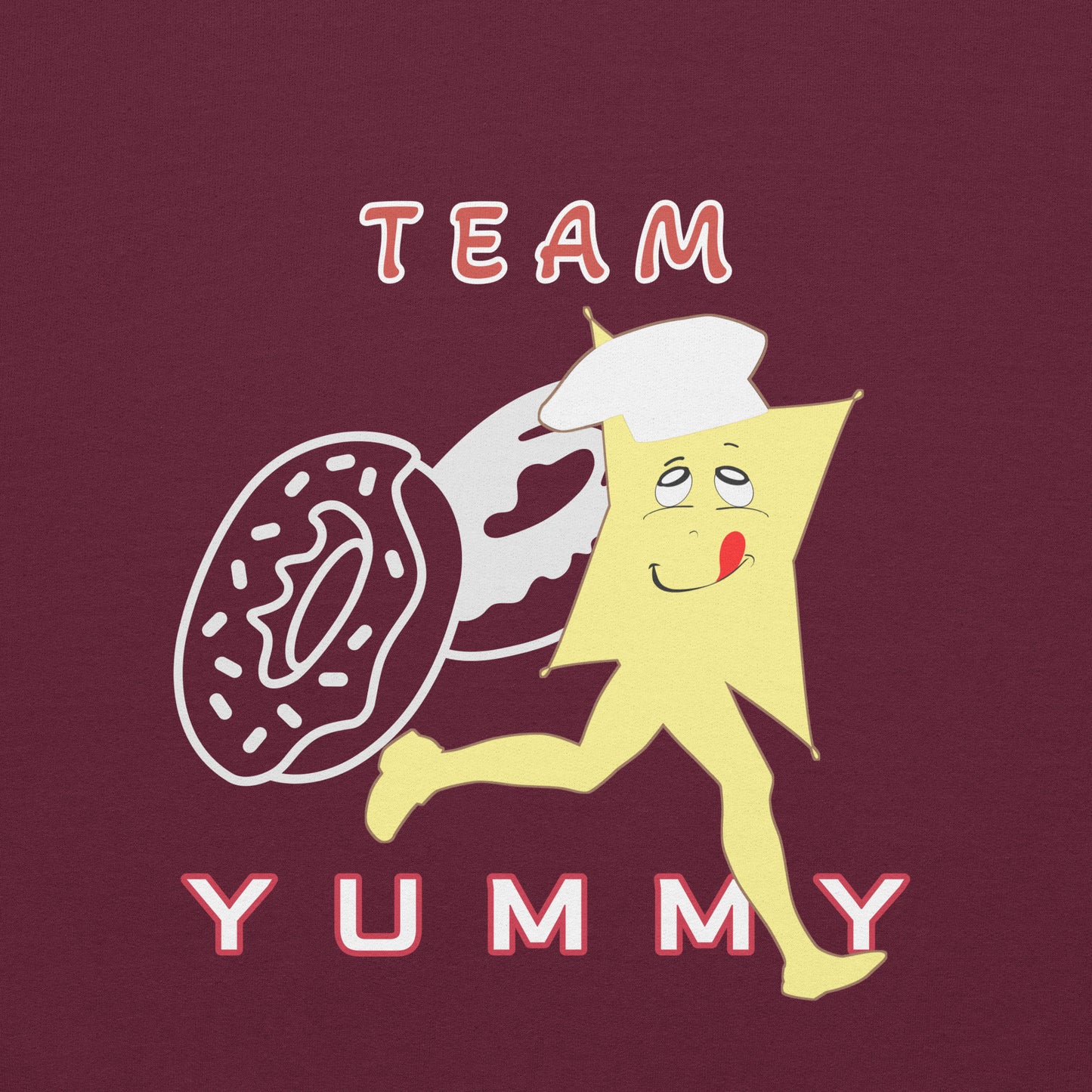 Closeup of the design of the Cartoon character of Yummy with a donut and text 'Team Yummy' on a maroon background