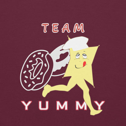 Closeup of the design of the Cartoon character of Yummy with a donut and text 'Team Yummy' on a maroon background