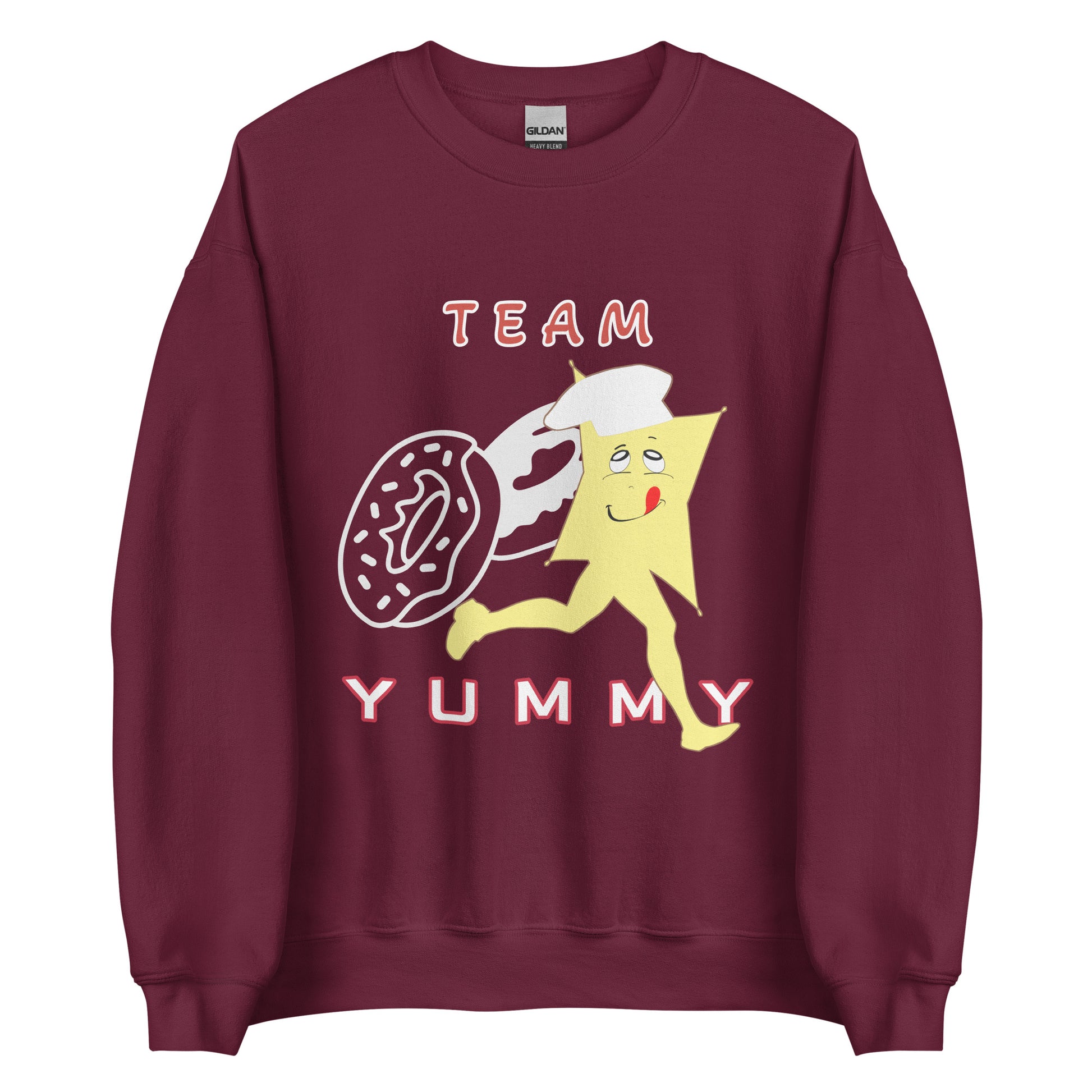 Marron sweatshirt with cartoon character and text 'Team Yummy' on a white background