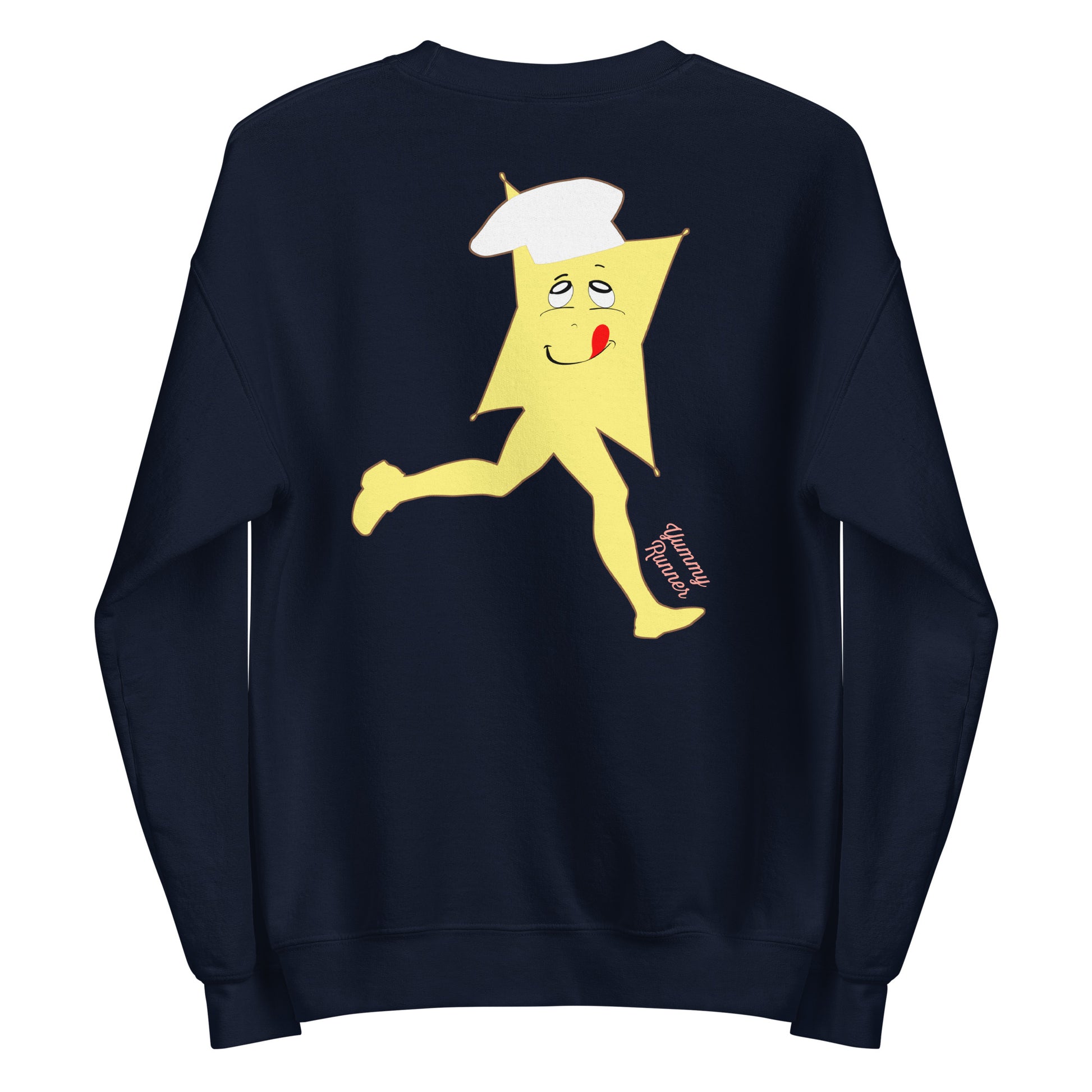 Back view of a navy sweatshirt featuring a cartoon graphic of a running yellow star character wearing a chef hat and licking its lips, with text 'Yummy Runner'