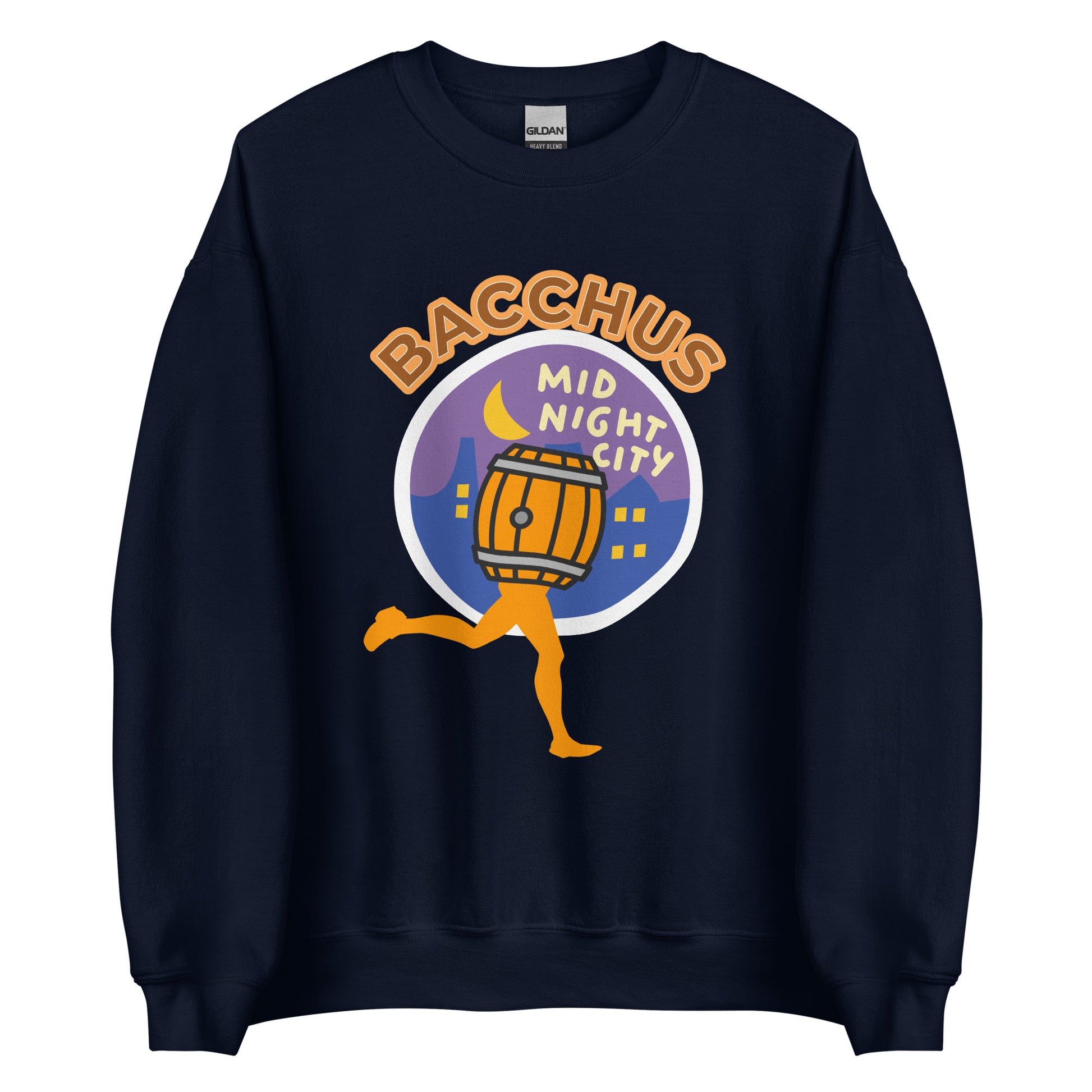 Front view of a crewneck sweatshirt featuring a large chest graphic of a running wine barrel, a crescent moon, and 'BACCHUS MIDNIGHT CITY' text.