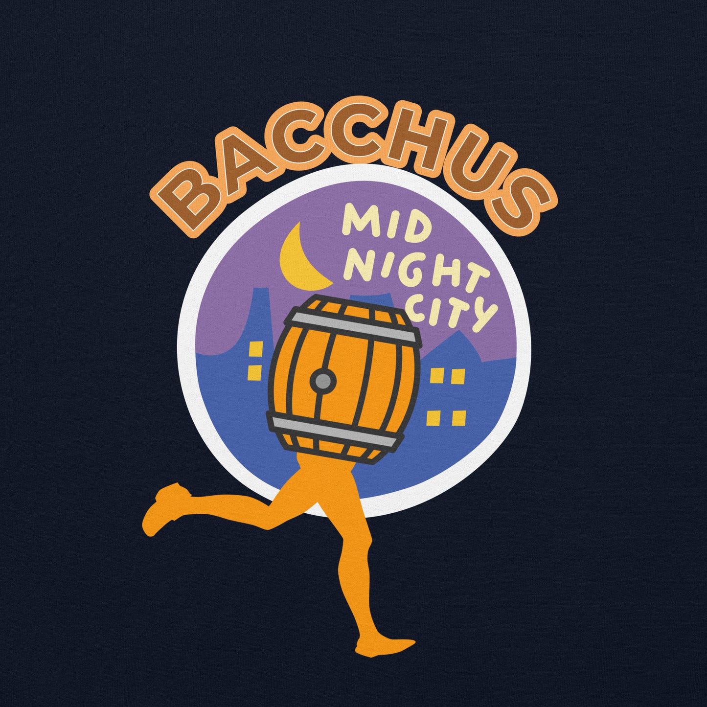 Close up of a Bacchus Runner sweatshirt featuring the iconic character of the barrel Bacchus with a city background and the text Bacchus 