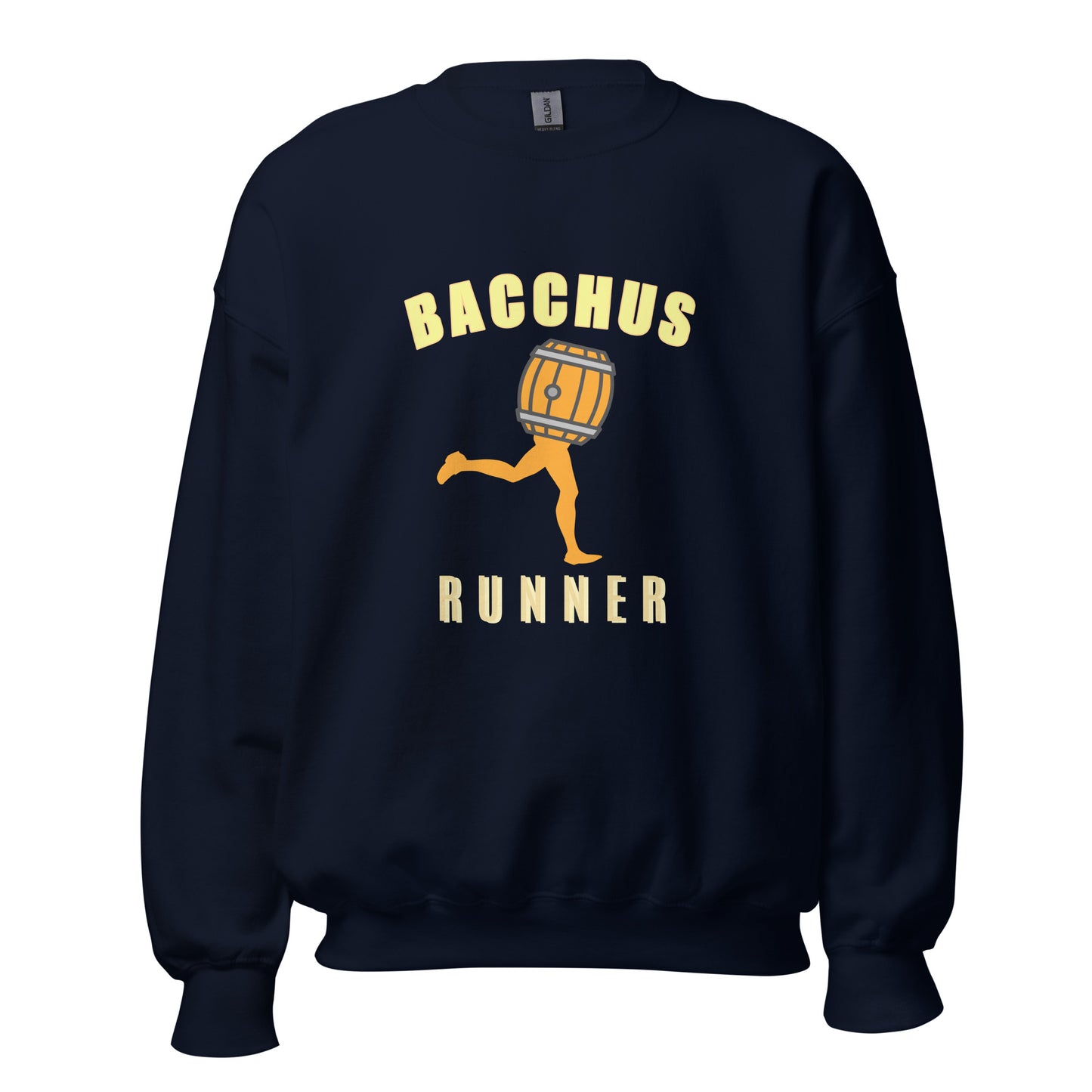 Navy sweatshirt with 'Bacchus Runner' graphic design on a yellow background