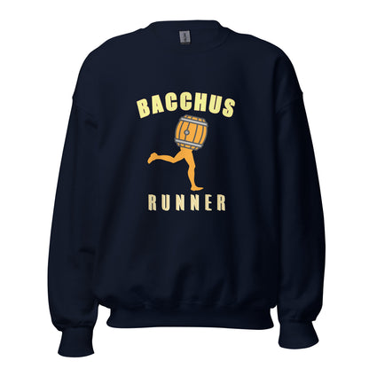 Navy sweatshirt with 'Bacchus Runner' graphic design on a yellow background