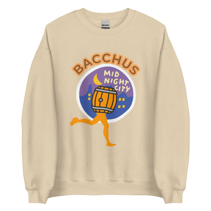 Front view of a crewneck sweatshirt featuring a large chest graphic of a running wine barrel, a crescent moon, and 'BACCHUS MIDNIGHT CITY' text.Sand color