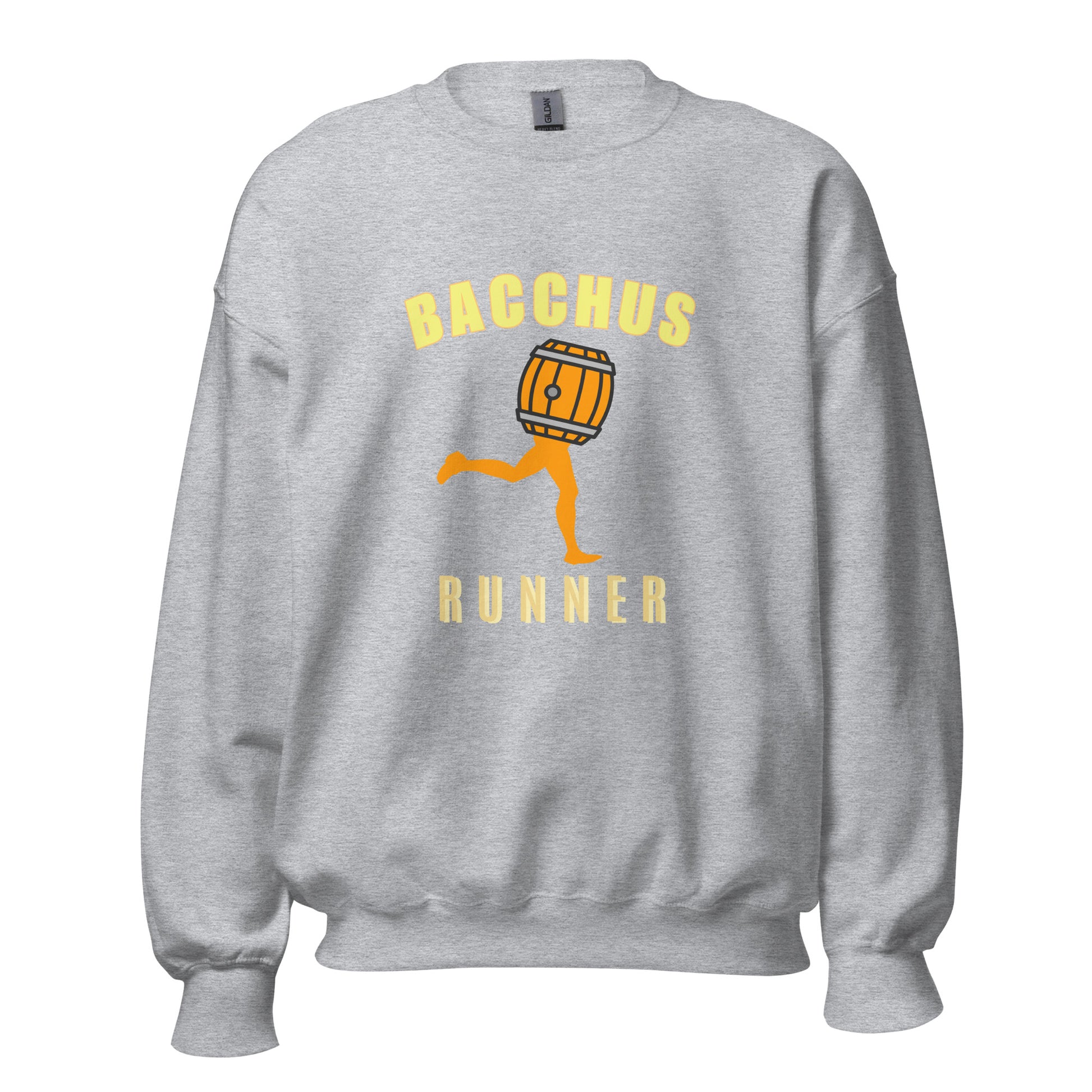 Graphic Gray sweatshirt with 'Bacchus Runner' graphic design on a yellow background and the original mascot of Bacchus in the center