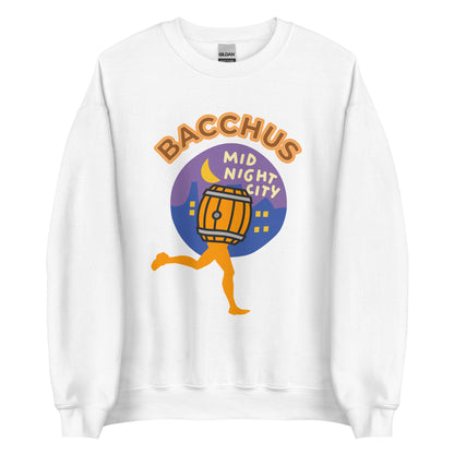 White sweatshirt with 'Bacchus Mid Night City' graphic design on a white background