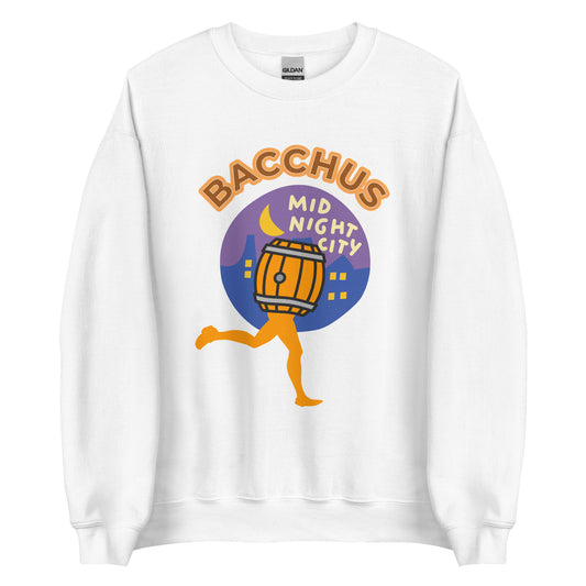 White sweatshirt with 'Bacchus Mid Night City' graphic design on a white background