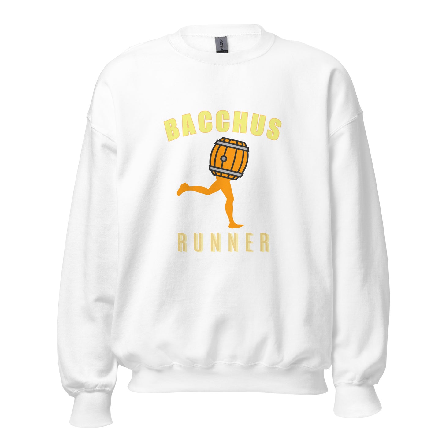 Playful graphic white sweatshirt with 'Bacchus Runner' Mascot and text yellow on a white background in the front