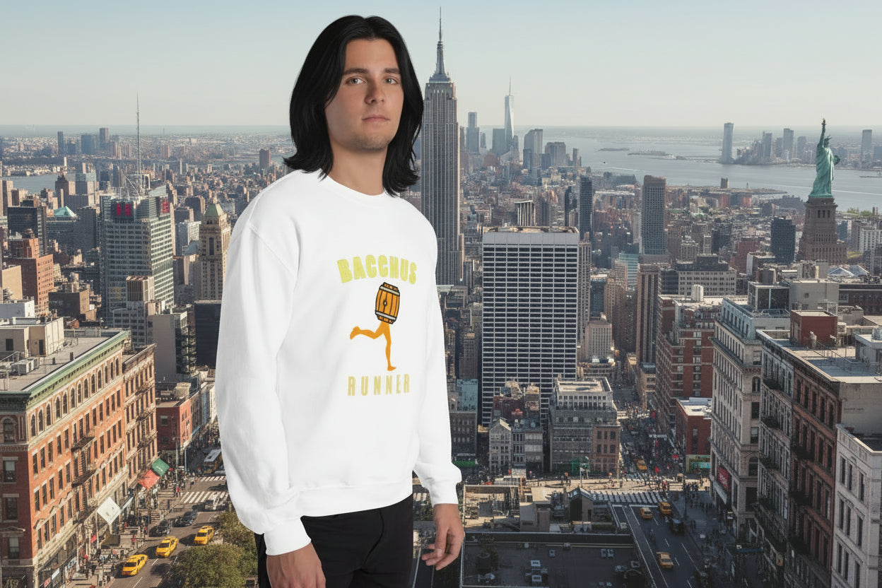 Person wearing a white graphic sweatshirt with a graphic design of a cartoon character named Bacchus and the text Bacchus Runner on the front.In the background there is New York City with the Empire State Building