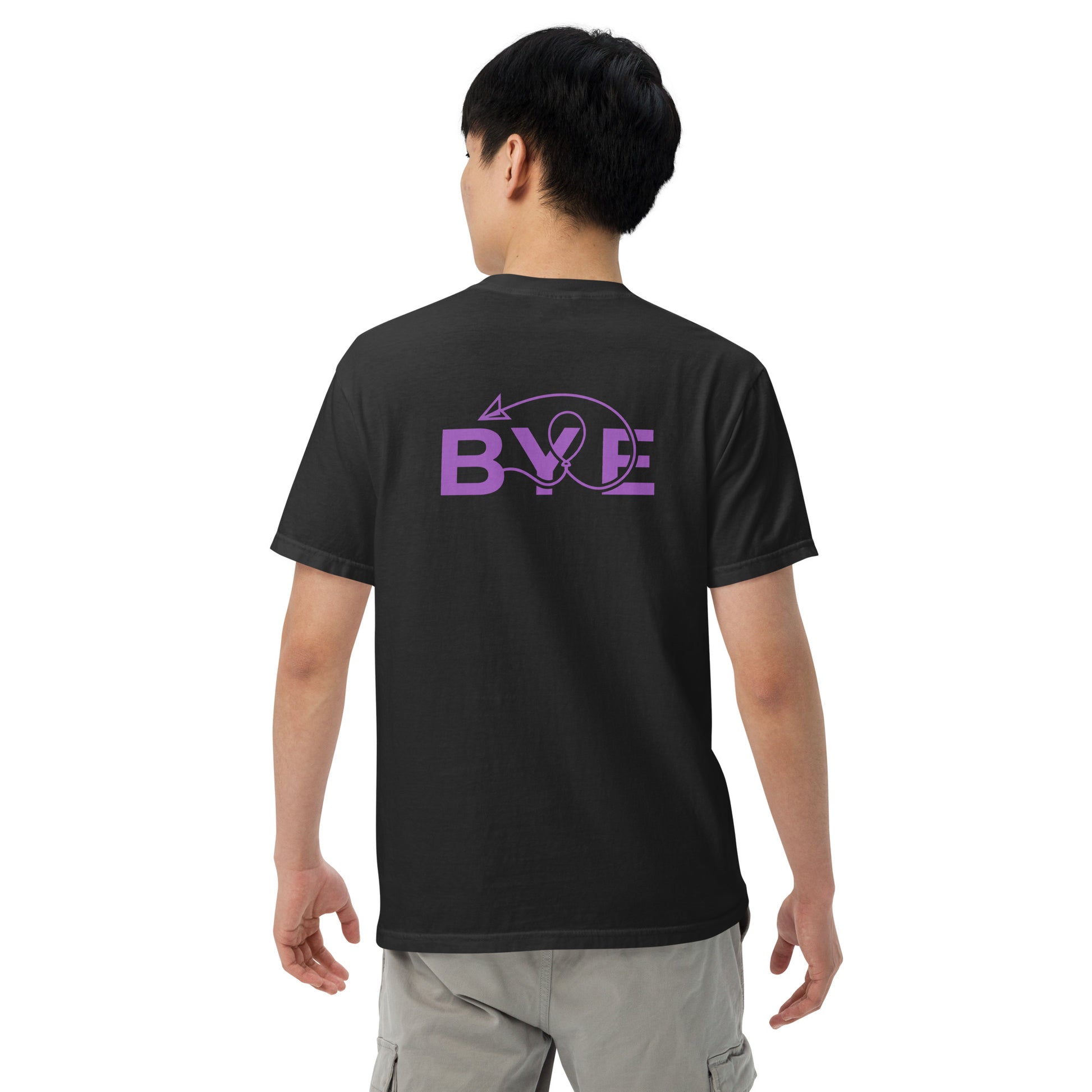Black t-shirt with purple text BYE and symbol of an arrow on the back