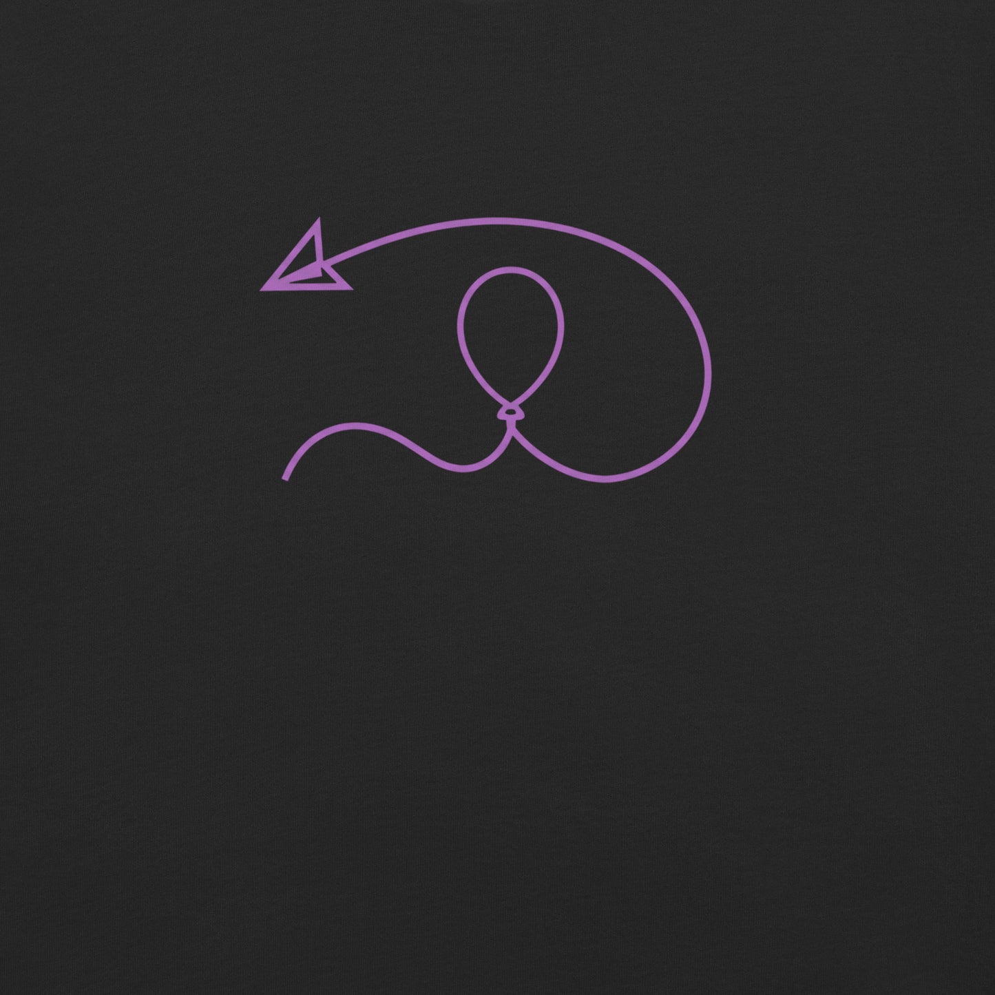 Purple line drawing of a balloon with an arrow on a black background-CiaoBye movement tees
