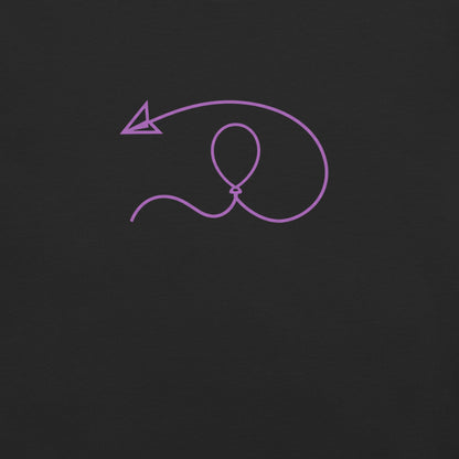 Purple line drawing of a balloon with an arrow on a black background-CiaoBye movement tees