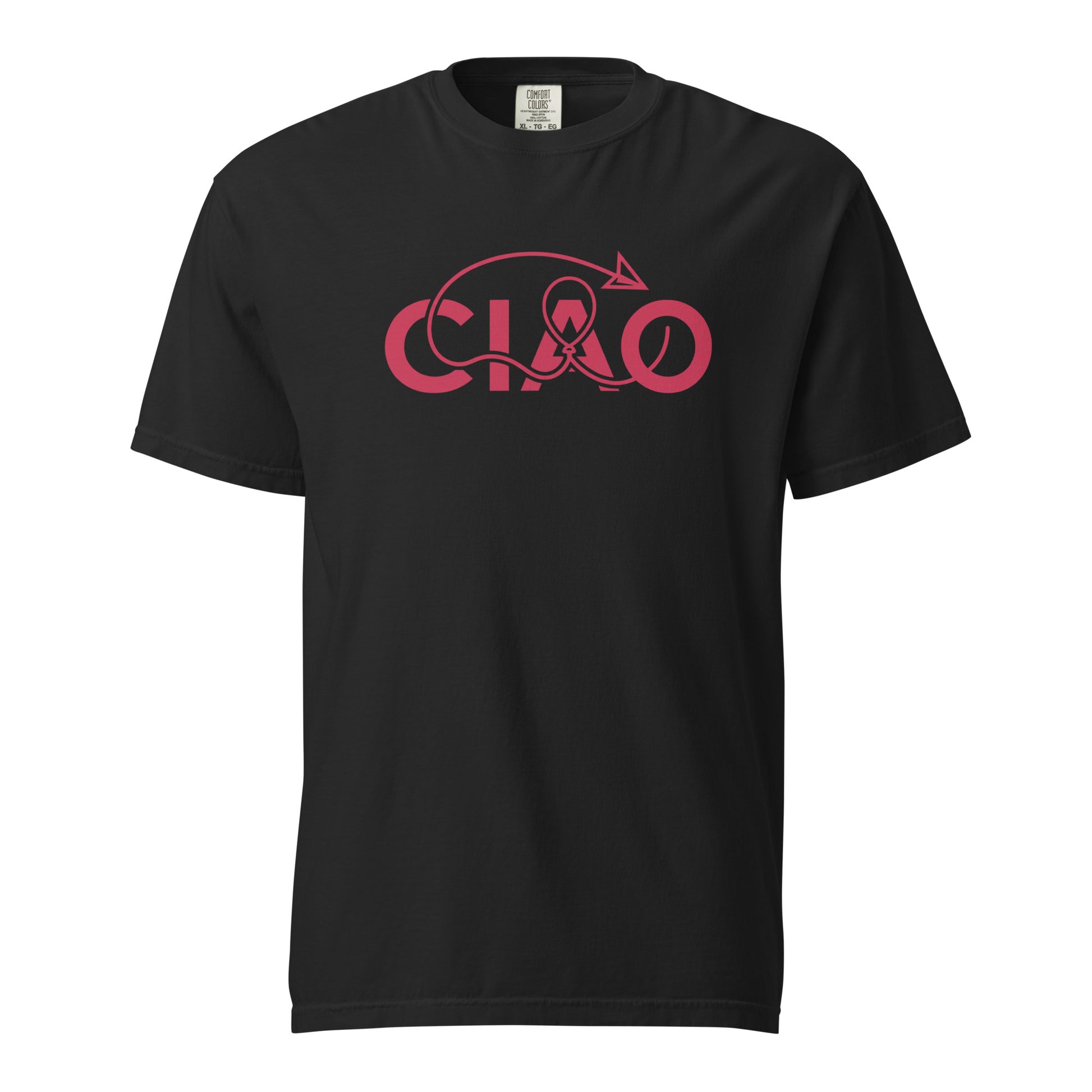 Black t-shirt with red 'CIAO' graphic design .Front view