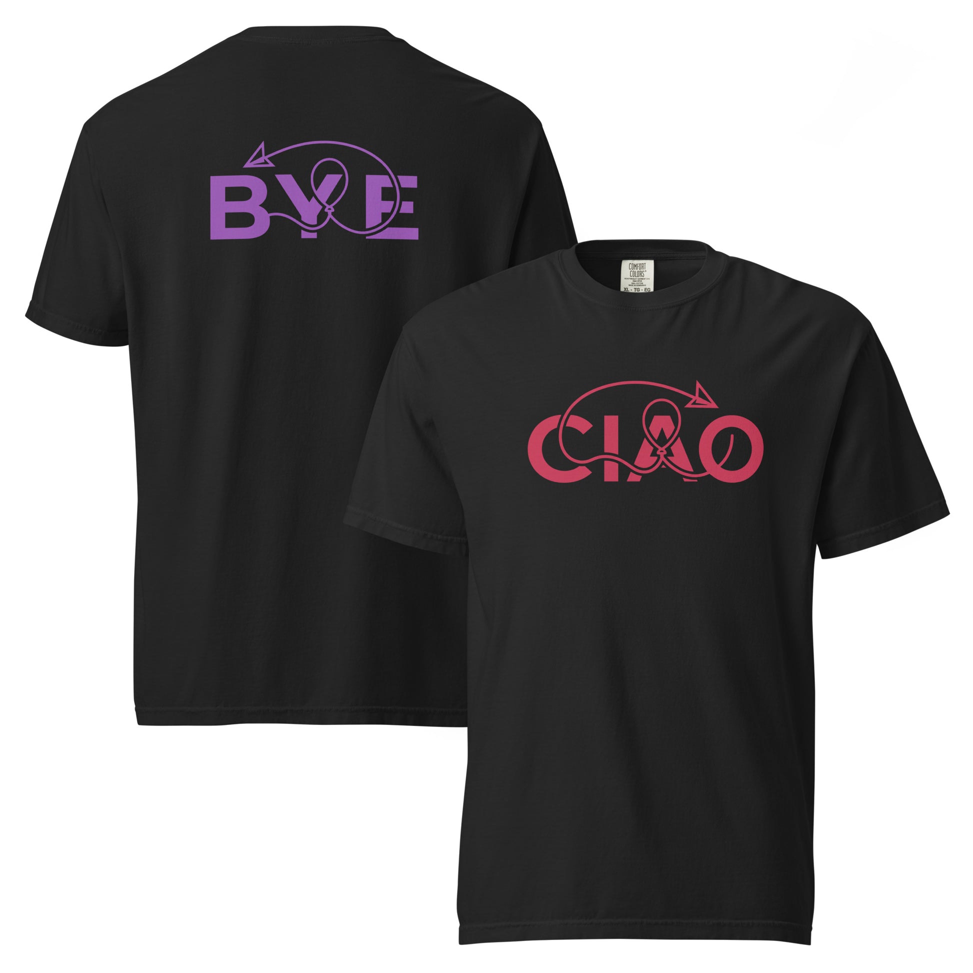 Balck tshirt ,t Ciaobye graphic t-shirt with the iconic connection thread, arrow symbol, and modern streetwear-inspired artwork.