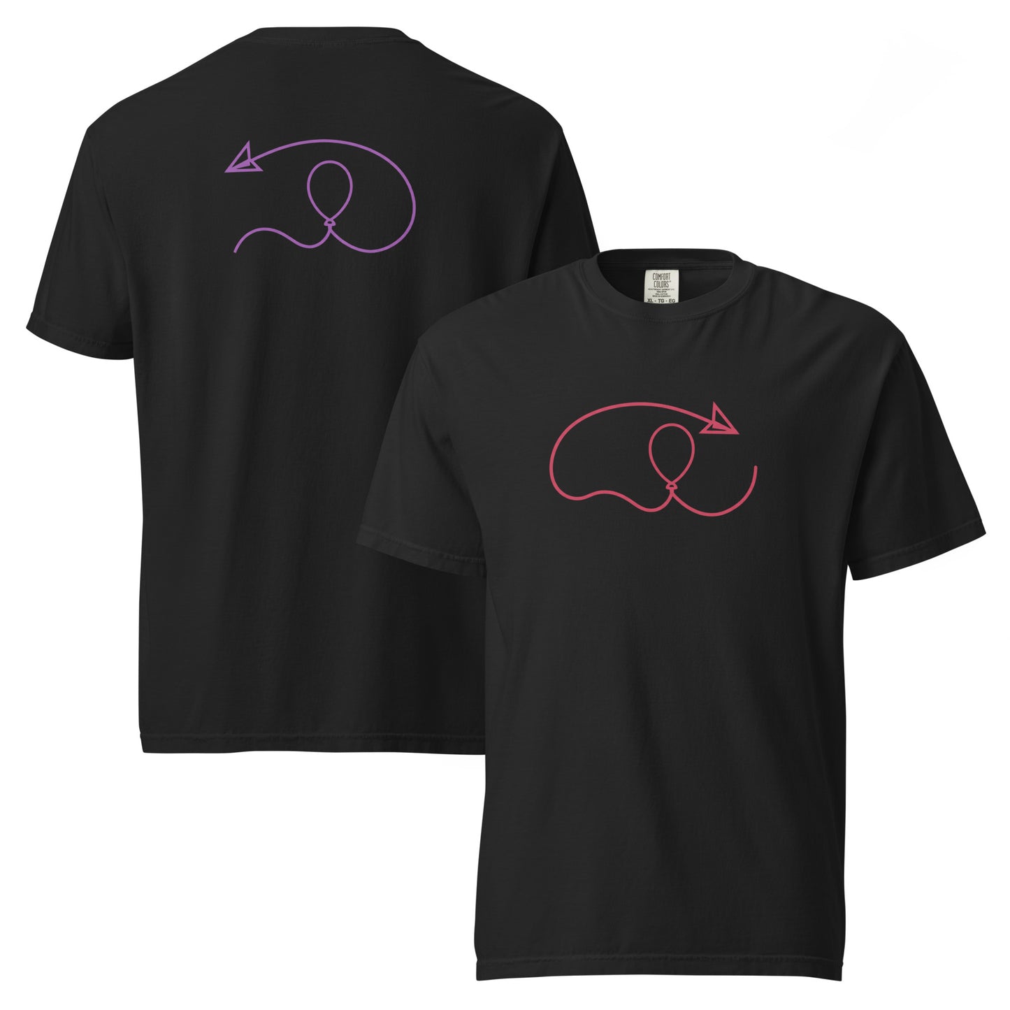 Black Ciaobye t-shirt showcasing the signature connection symbol with a flowing thread, arrow graphic, and contemporary fashion aesthetic.