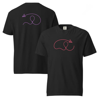 Black Ciaobye t-shirt showcasing the signature connection symbol with a flowing thread, arrow graphic, and contemporary fashion aesthetic.