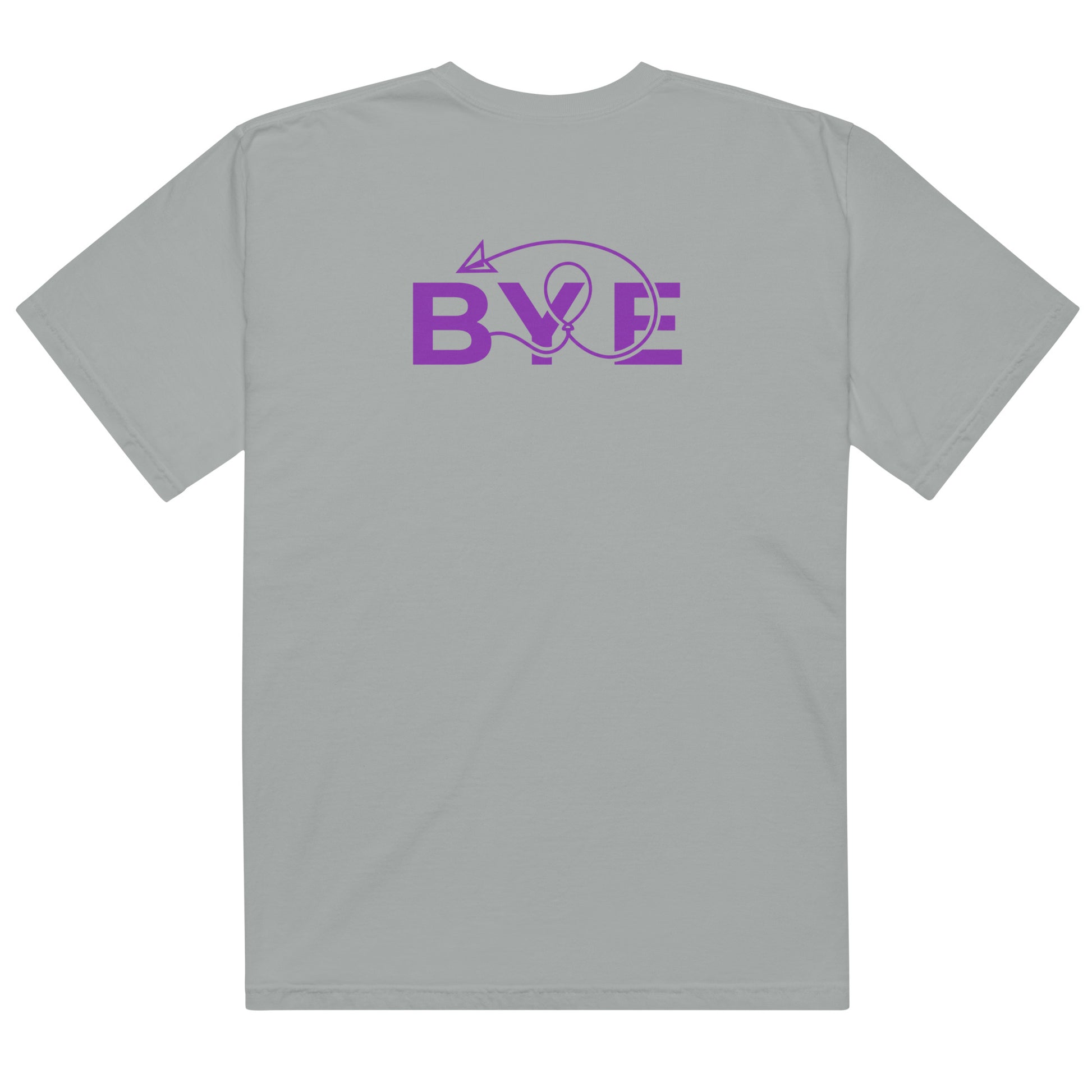 Gray t-shirt with purple 'BYE' text on the back 