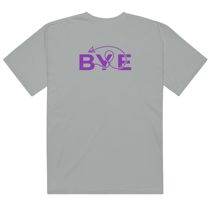 Gray t-shirt with purple 'BYE' text on the back 
