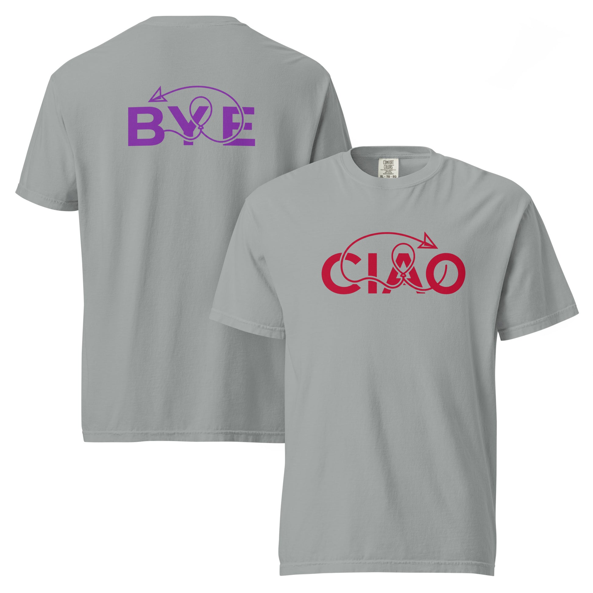 Unisex  grey Ciao e Bye Connection  Tee designed to celebrate real-life connections, friendship, and meaningful encounters. Text in red and purple color