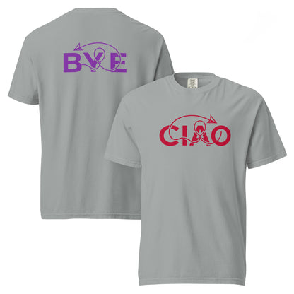 Unisex  grey Ciao e Bye Connection  Tee designed to celebrate real-life connections, friendship, and meaningful encounters. Text in red and purple color