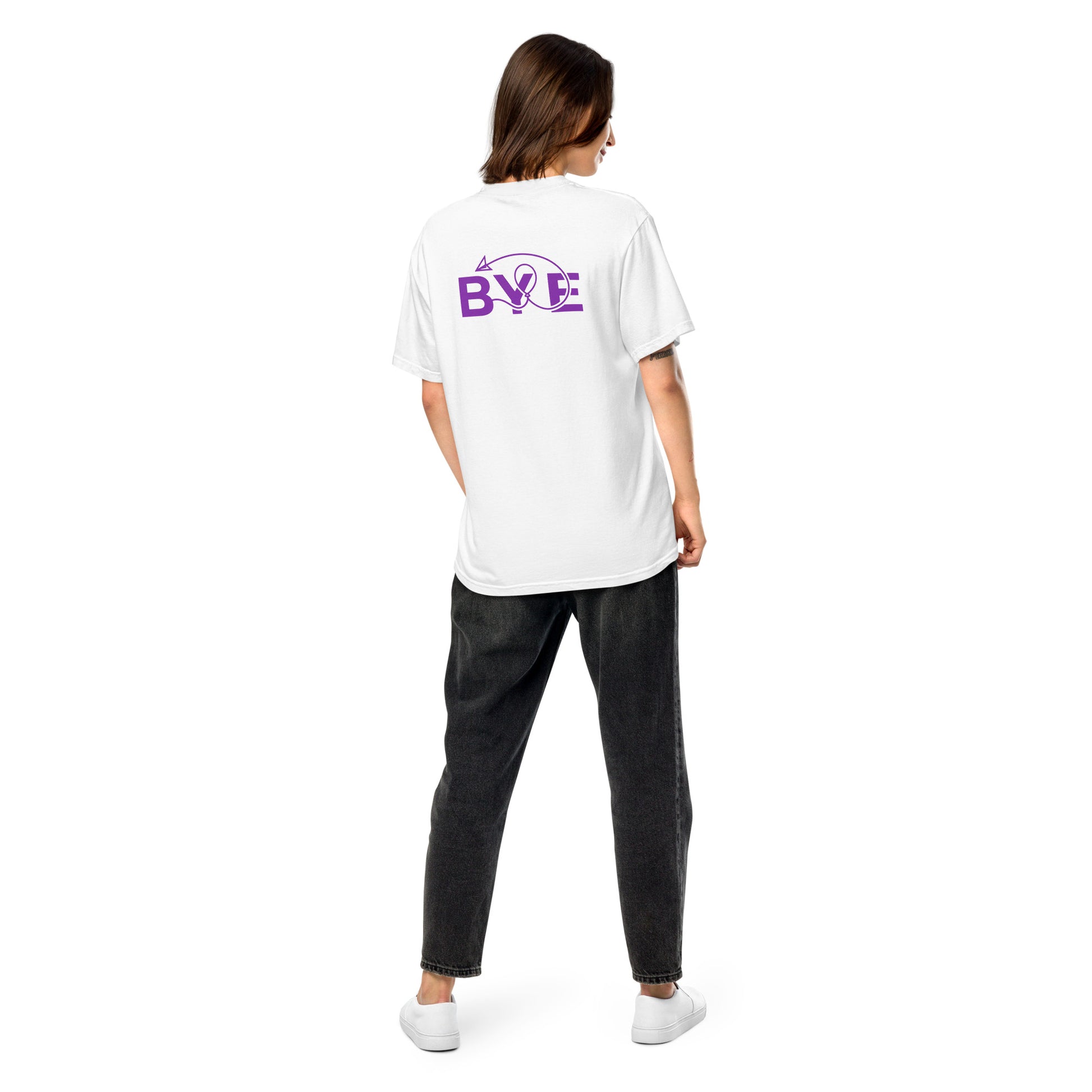 white t-shirt with text BYe in purple,connection tee to encounter people offline 