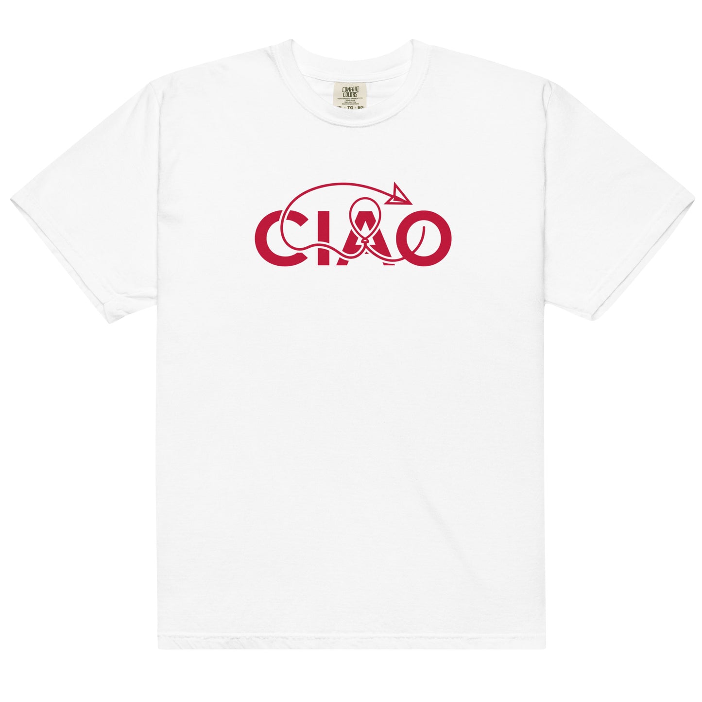 White t-shirt with red 'CIAO text ,unisex tee