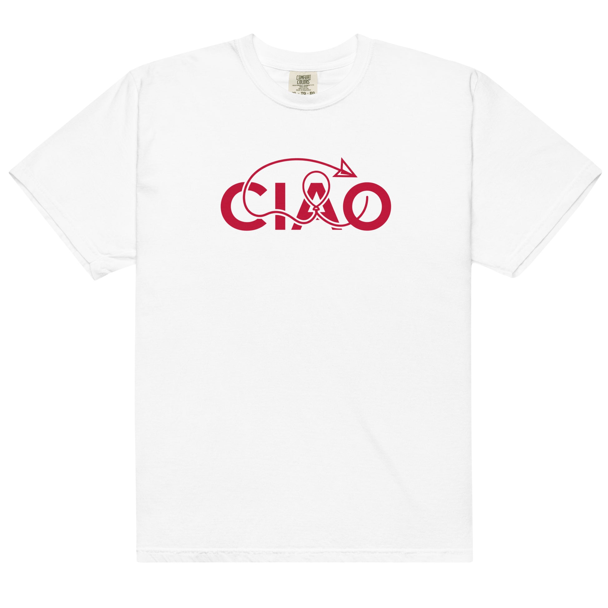 White t-shirt with red 'CIAO text ,unisex tee