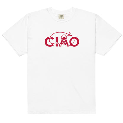 White t-shirt with red 'CIAO text ,unisex tee