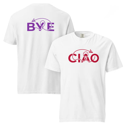 Ciao and Bye Connection  T-Shirt featuring the signature arrow and red connection thread design on a premium cotton tee. White tee with red and purple text