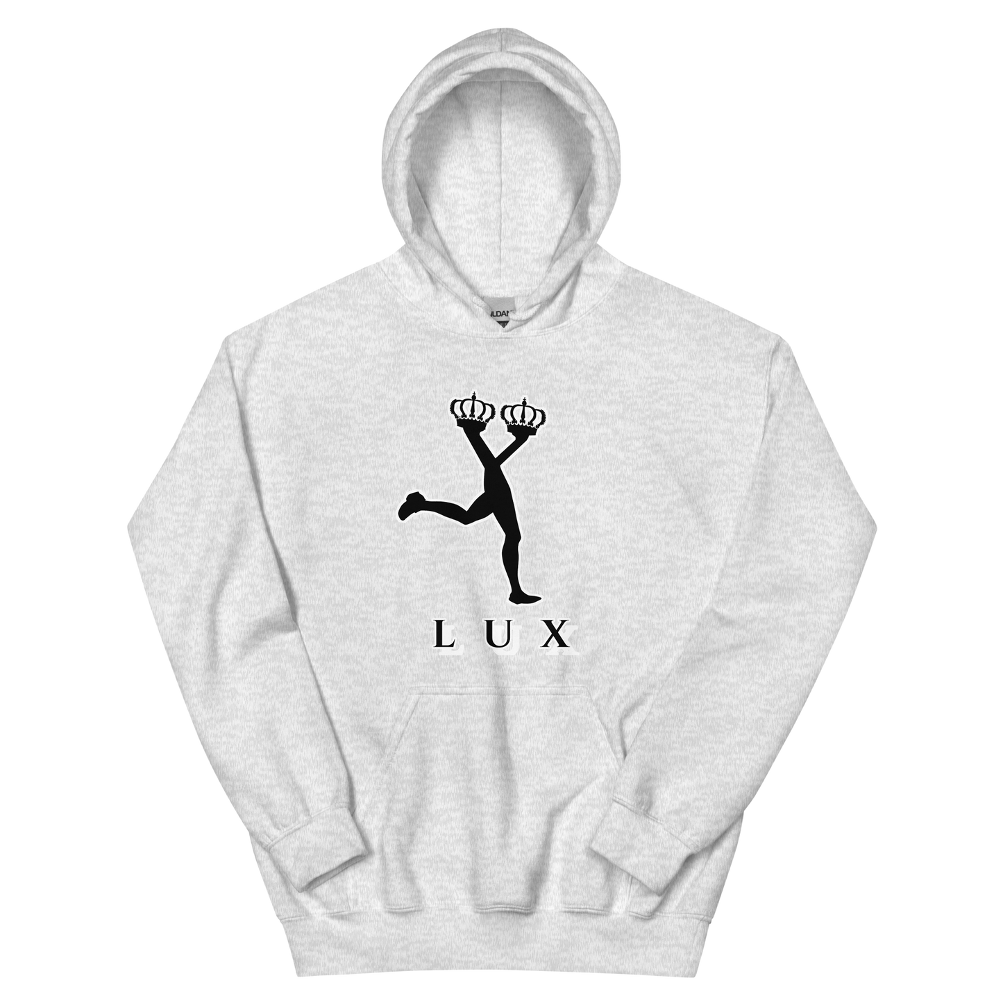 Gray hoodie with the black silhouette of Lux character and 'LUX' text on a white background