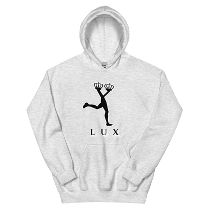 Gray hoodie with the black silhouette of Lux character and 'LUX' text on a white background