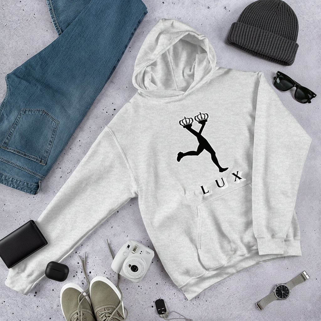 Ash Grey streetwear hoodie with black graphic design of Lux and the text "LUX" in a  gray surface with jeans, shoes, and accessories.