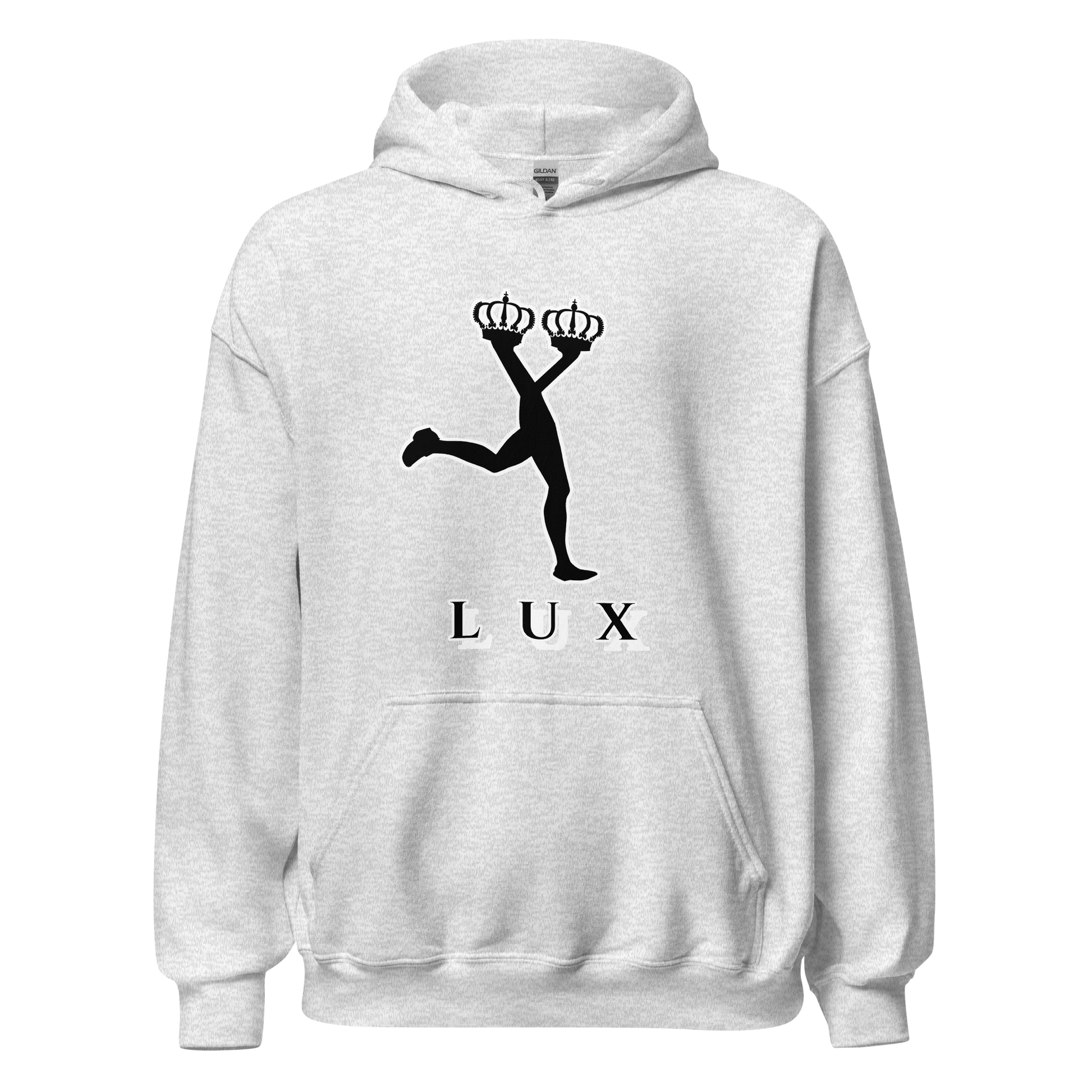 Ash grey hooded sweatshirt featuring the black silhouette of the Lux character holding two crowns.