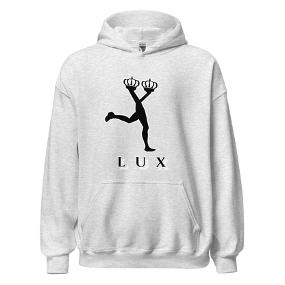 Ash grey hooded sweatshirt featuring the black silhouette of the Lux character holding two crowns.