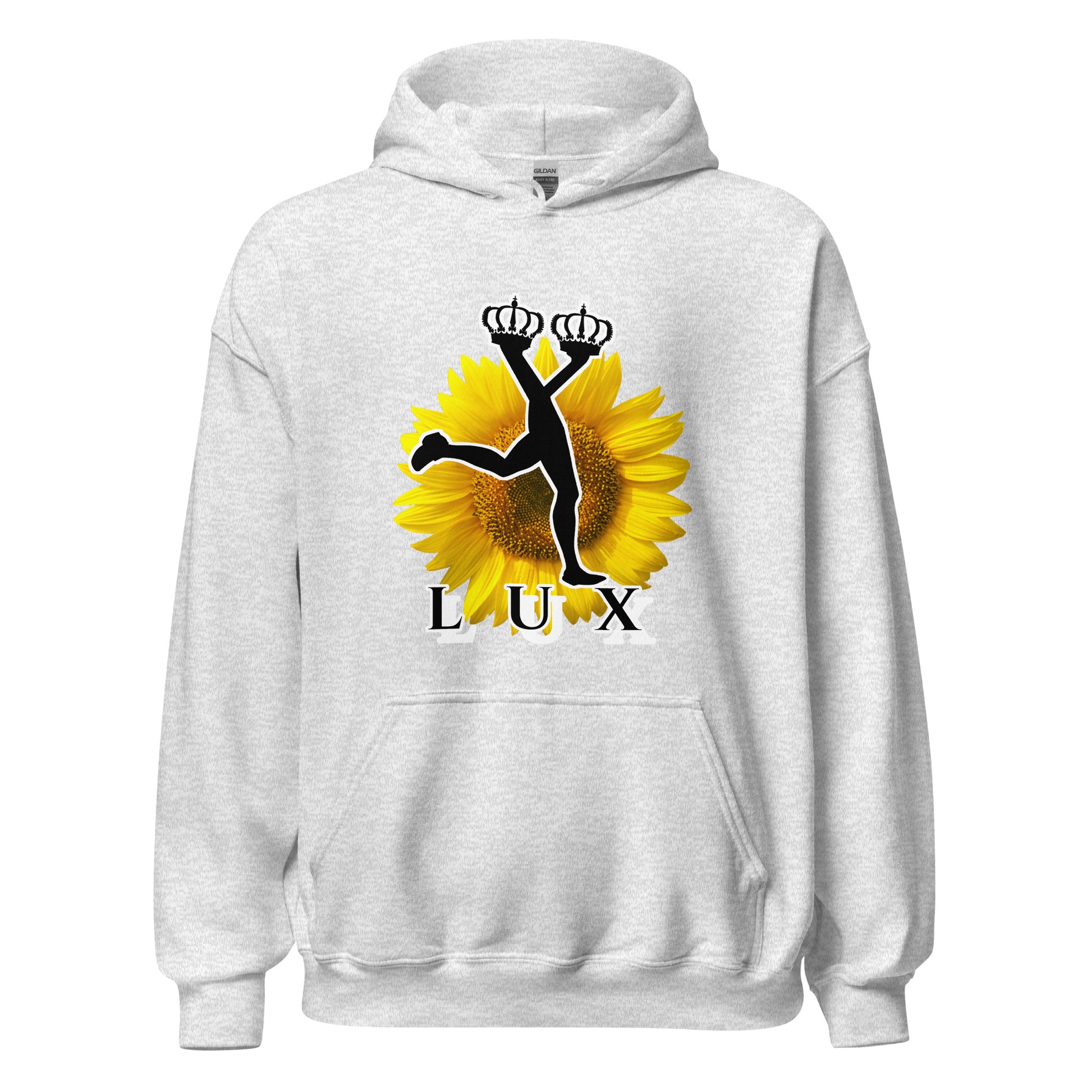 Ash grey hooded sweatshirt featuring a large yellow sunflower graphic with the black silhouette of the Lux character holding two crowns