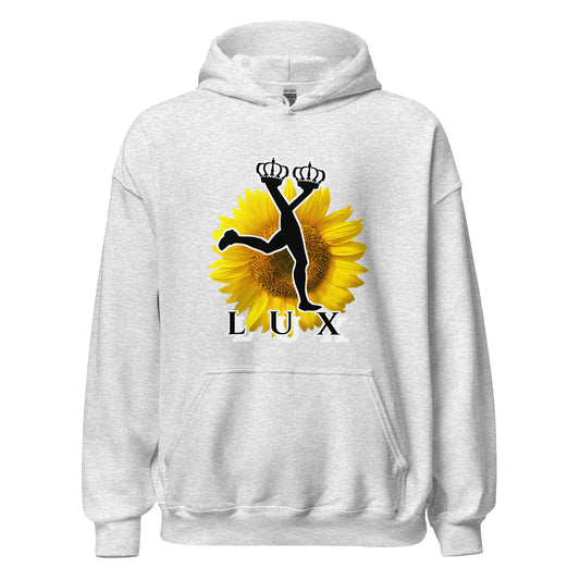 Ash grey hooded sweatshirt featuring a large yellow sunflower graphic with the black silhouette of the Lux character holding two crowns