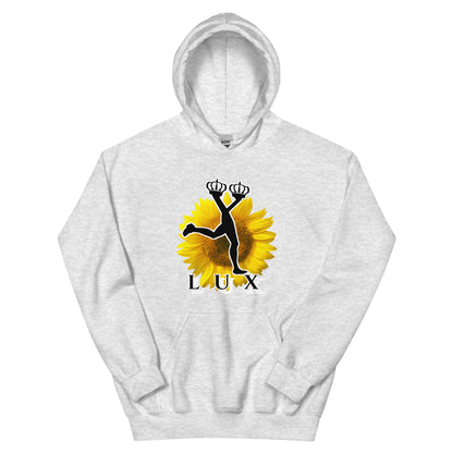 Gray hoodie with a sunflower in the front and the mascot of Lux with the text "Lux"