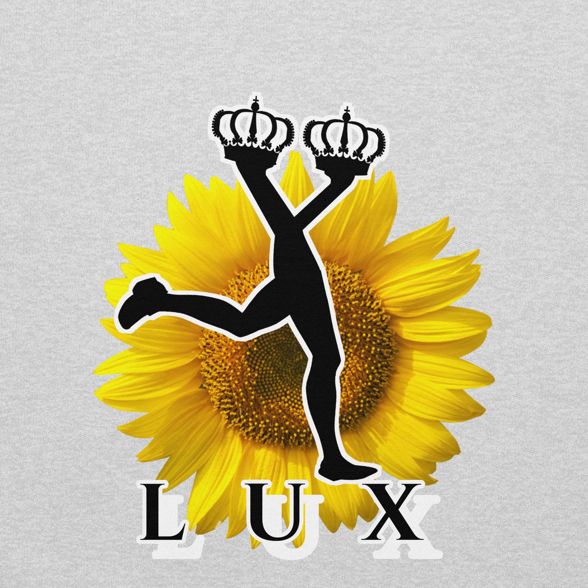Close up of the design of a gray hoodie with a sunflower with the black design of Lux holding crowns and the word 'LUX' 