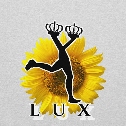 Close up of the design of a gray hoodie with a sunflower with the black design of Lux holding crowns and the word 'LUX' 