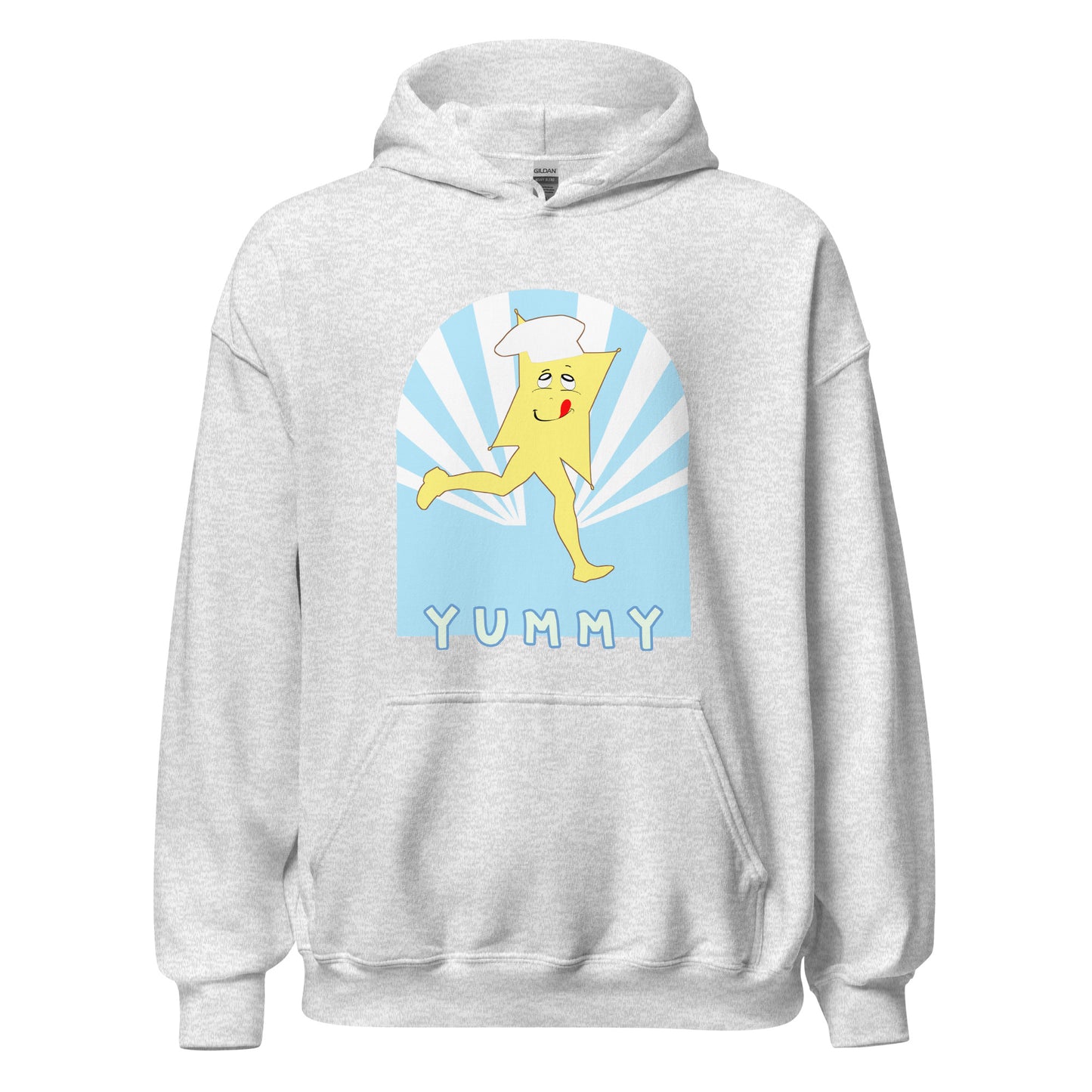Yummy Runner hoodie in heather ash featuring retro sunburst design with yellow character in chef hat on blue radiating background